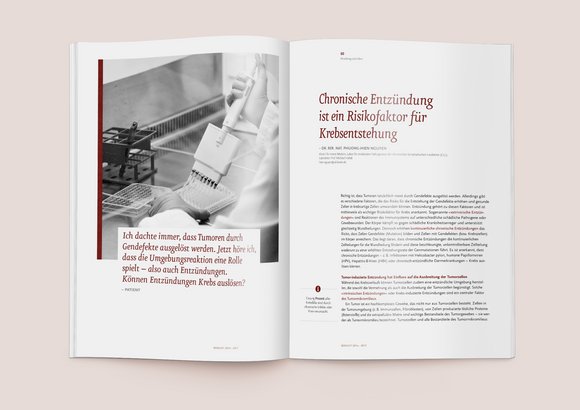 Auf der Doppelseite des Jahresberichtes leitet eine Fragestellung eines Patienten in Kombination mit einem Bildmotiv einen Artikel zu Chronischen Entzündungen ein.