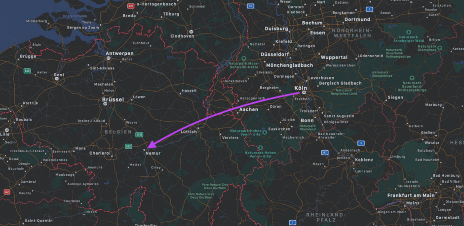 KIKK Köln Namur Landkarte von Köln nach Namur